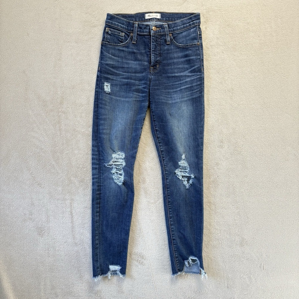 Madewell Jeans Women Sz 26 9" High-Rise Skinny Dark Wash Distressed Raw Hem
